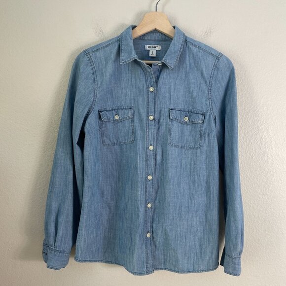 Old Navy Womens Small Blue Chambray Button Up Shirt Long Sleeve Pocket Top - Picture 1 of 6